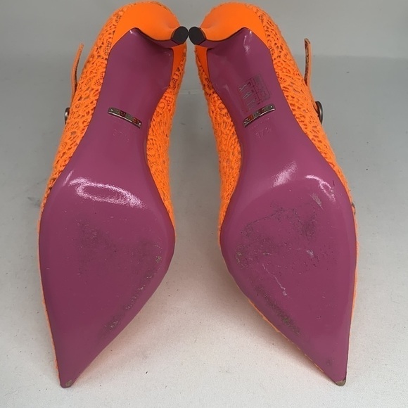 Gucci Sz 37.5 Virginia Orange Lace Mary Jane Pumps Heels - Picture 11 of 15